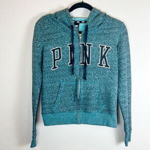 VS Pink Teal Full Zip Hoodie Sweatshirt Logo Graphic Long Sleeve Casual Small
